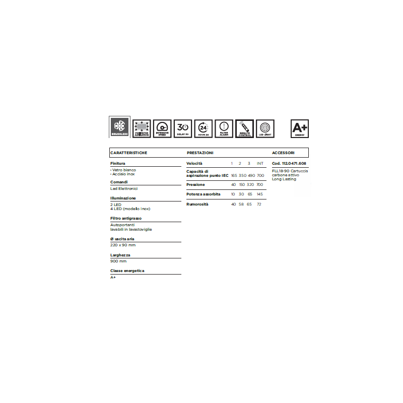 FABER 350.0663.971 Cappa Da Soffito HEAVEN 2.0 BK MATT FLAT A90/2 Sistema K-LINK 900 Mm 700m3/h Classe A+ Vetro Bianco