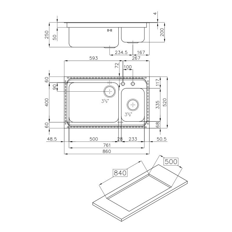 Foster Triplo Invaso.2V.52.Q4 Lavello Sottopiano Rettangolare Acciaio Inox