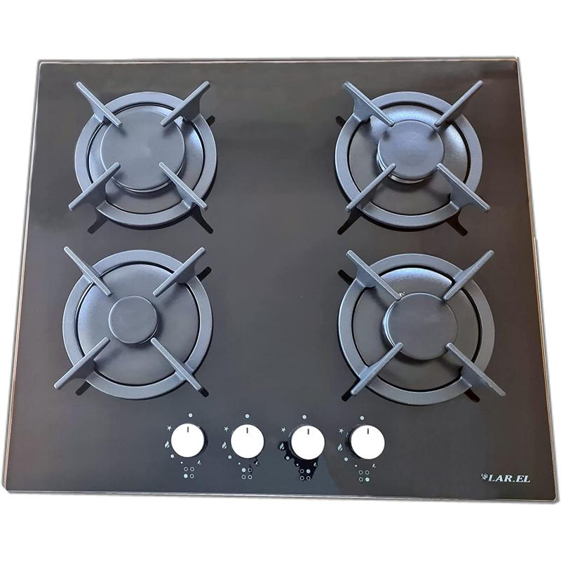 LAREL PIA.L848GN Piano Cottura a Gas 60 cm 4 Fuochi Griglie in Ghisa - Vetro Nero