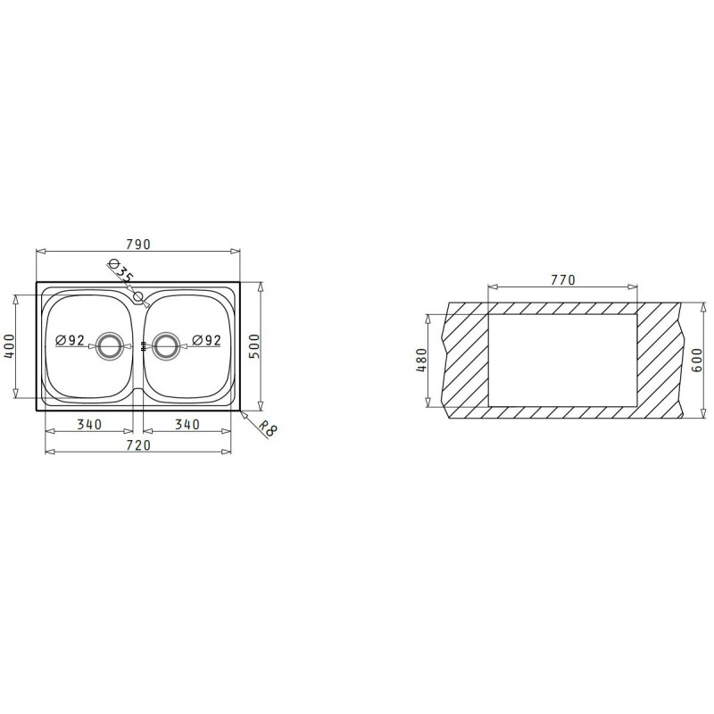 PYRAMIS 100132830 Lavello Sparta 2 Vasche 79x50cm Acciaio Inox