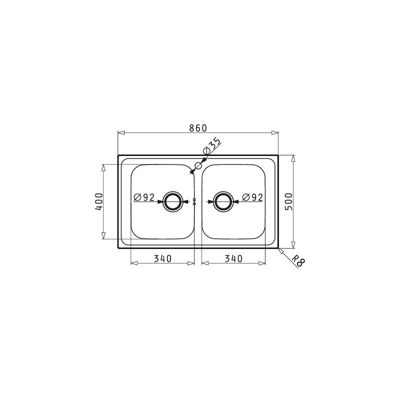 PYRAMIS 107132631 Lavello Fedra 2 Vasche 86x50cm Sopratop Acciaio Inox Spazzolato