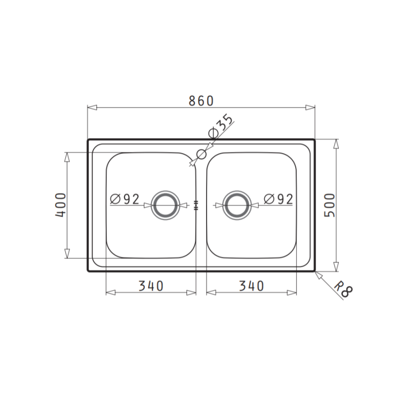 PYRAMIS 107163430 Lavello Fedra 2 Vasche Inox 860x500 Mm Incasso Sopratop Acciaio Inox Decor
