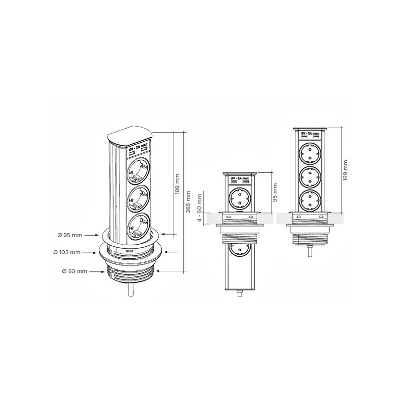 SFL A9503 Torretta Multipresa A Scomparsa 3 Schuko 2 Usb Bordo Nero