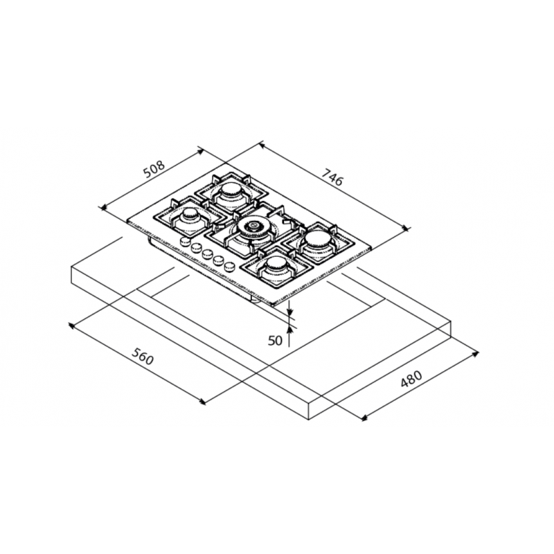Telma FLAT75.26 Piano Cottura A Gas 75 Cm 5 Fuochi Griglie In Ghisa Telmagranit Nero Opaco
