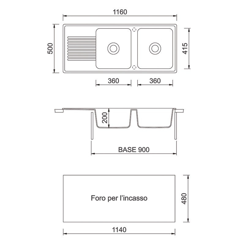TELMA FT11620.71 Lavello FUTURA 2 Vasche + Gocciolatoio Reversibile 1160x500 Mm  Base Da 90 cm Telmagranit Alluminio
