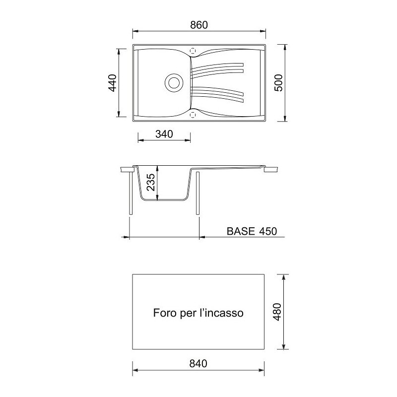 TELMA NK08610.70 Lavello Domino 1 Vasca + Gocciol. 86x50cm Telmagranit Rame