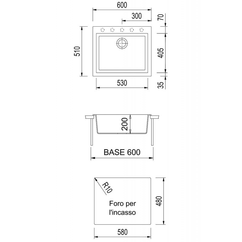 TELMA ON6010.28 Lavello CUBE Lavello 1 Vasca Sopratop 60x51 Cm Telmagranit Bianco Latte
