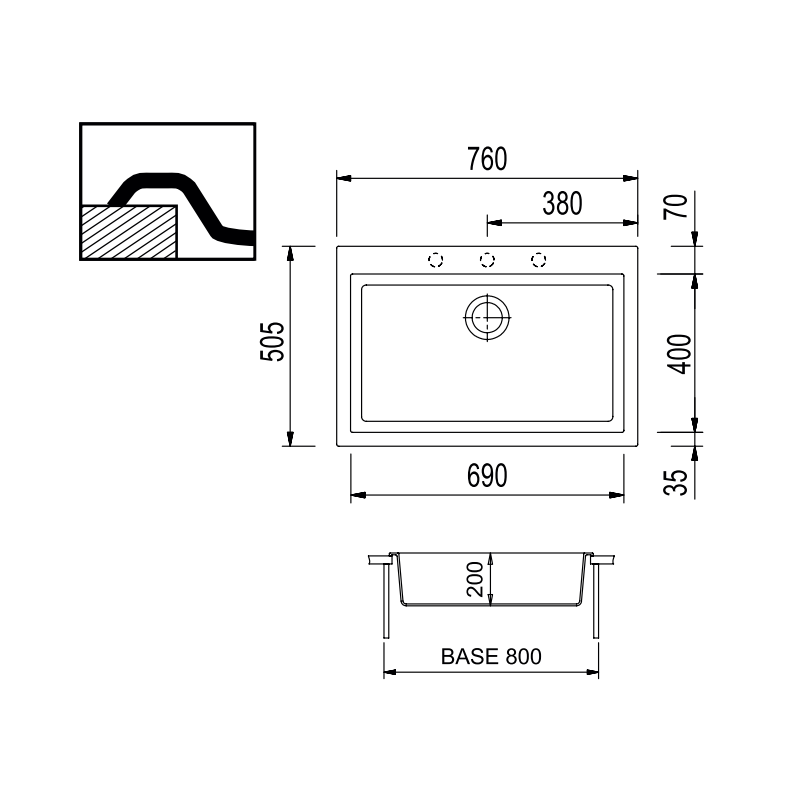TELMA ON7610.26 Lavello CUBE Lavello 1 Vasca Sopratop 76x50 5 Cm Telmagranit Nero Opaco
