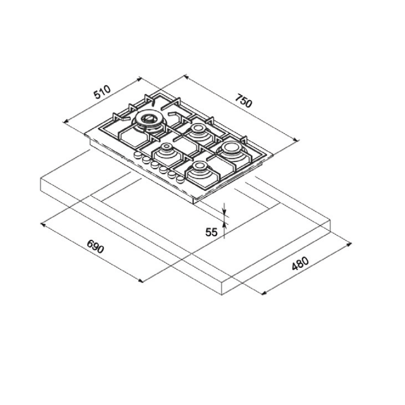 TELMA SLIM75.54 PIANO COTTURA A GAS  Piano Cottura 75 Cm   5 Fuochi E 1 Tripla Corona Laterale Telmagranit  Tartufo