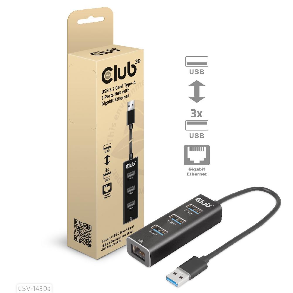 CLUB3D USB 3.2 Gen1 Type-A 3 Ports Hub with Gigabit Ethernet