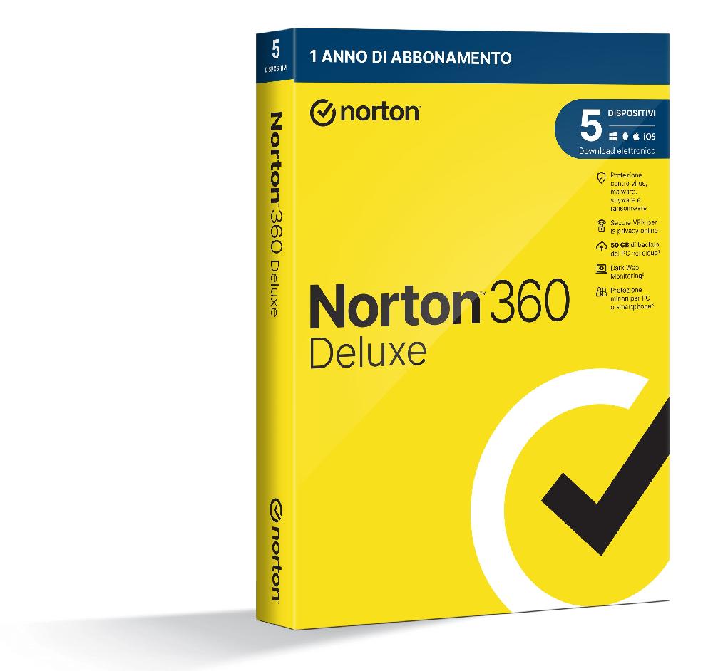 Norton 360 Deluxe 2024 Antivirus per 5 dispositivi Licenza di 1 anno Secure VPN e Password Manager PC Mac tablet e