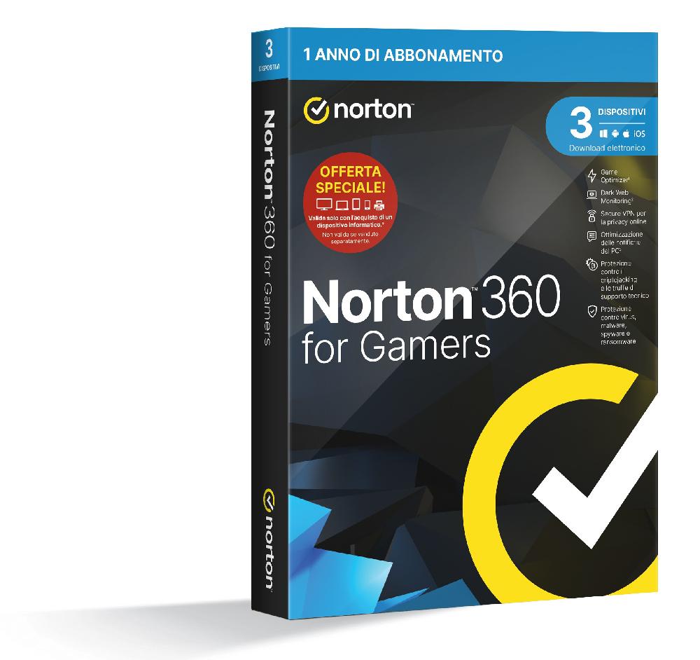 Norton 360 for Gamers 2024 Antivirus per 3 Dispositivi Licenza di 1 anno PC Mac tablet e smartphone