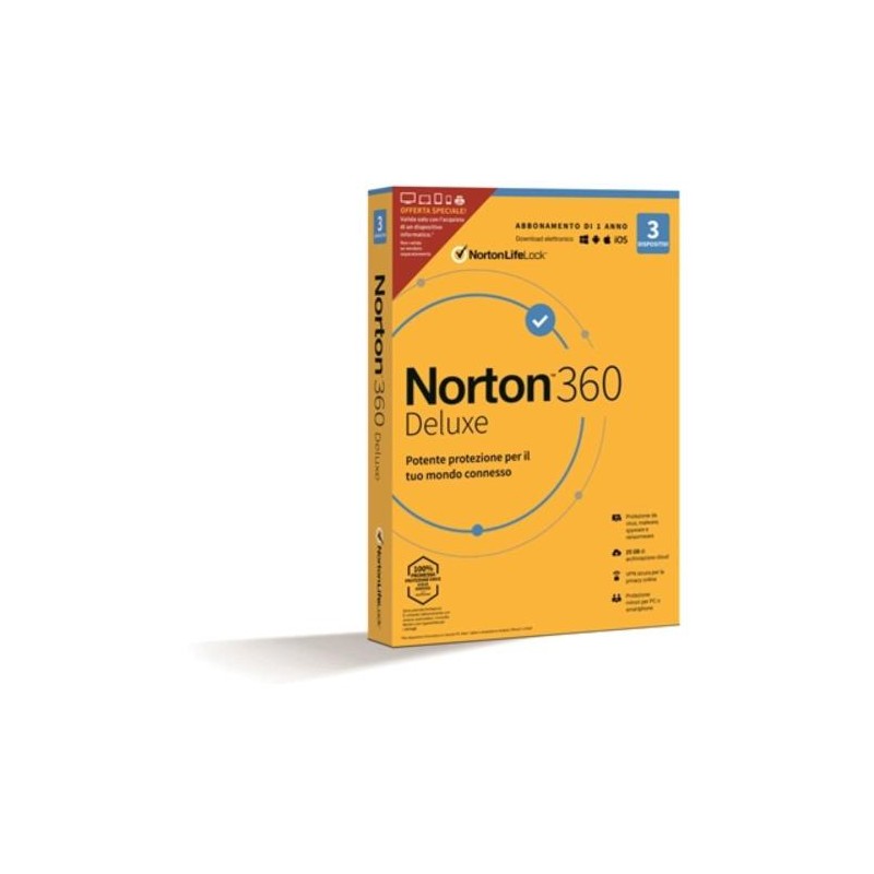 NortonLifeLock Norton 360 Deluxe 2021 Antivirus per 3 dispositivi Licenza di 1 anno Secure VPN e Password Manager PC Mac