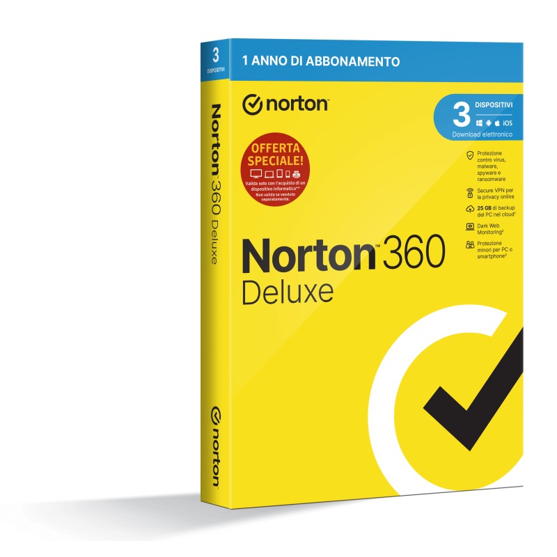 NortonLifeLock Norton 360 Deluxe 2023 Antivirus per 3 dispositivi Licenza di 1 anno Secure VPN e Password Manager PC Mac