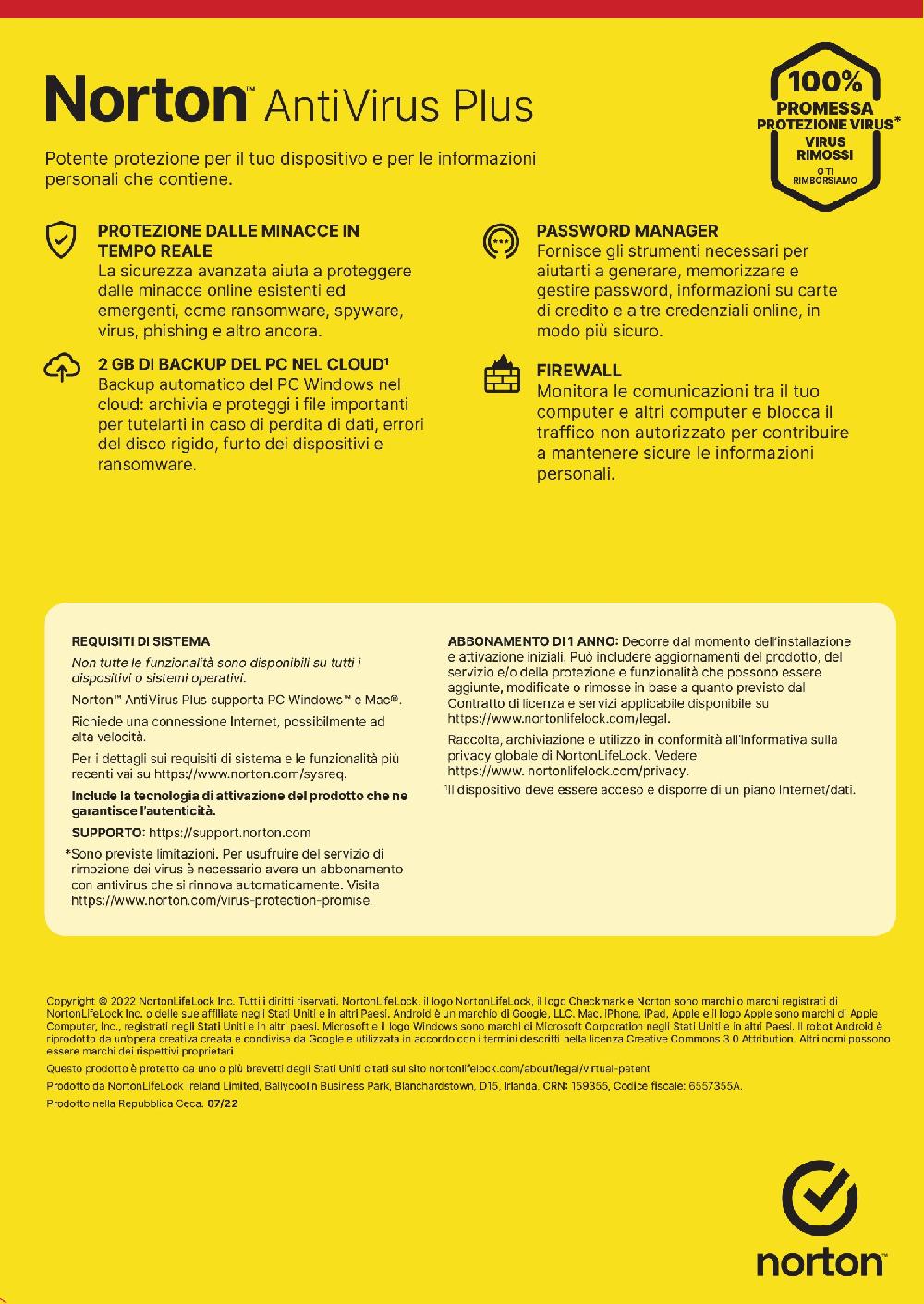NortonLifeLock Norton Antivirus Plus 2024 1 Dispositivo Licenza di 1 anno PC o Mac