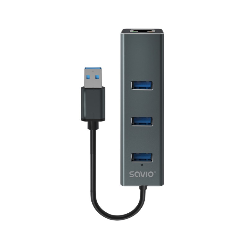 Savio AK-57 USB-A - 3 x HUB with RJ-45 Gigabit Ethernet adapter 5000 Mbit/s grey USB 3.2 Gen 1 (3.1 1) Micro-B