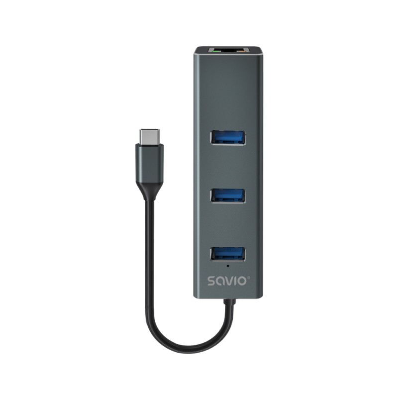 Savio AK-57 USB-C - 3 x USB-A HUB with RJ-45 Gigabit Ethernet adapter 5000 Mbit/s grey 2 USB 3.2 Gen (3.1 2) Type-C 1000