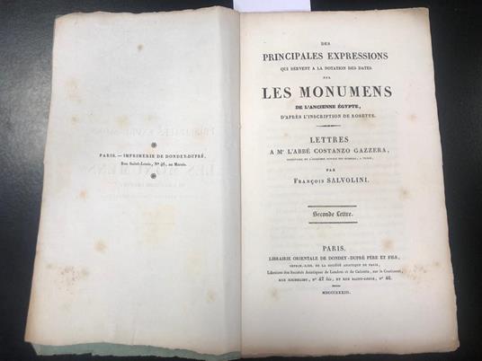 Lafeltrinelli Des Principales Expressions Qui Servent A La Notation Des Dates Sur Les Monumens De L'Ancienne Egypte D'Apres L'Inscription De Rosette - Lettres A M.R L'Abbé Costanzo Gazzera Secretaire De L'Accademie Royale Des S