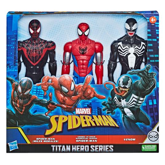 Lafeltrinelli Hasbro marvel spider-man titan hero series confezione tripla con action figure da 30 cm di spider-man (miles morales) spider-man corazzato e venom