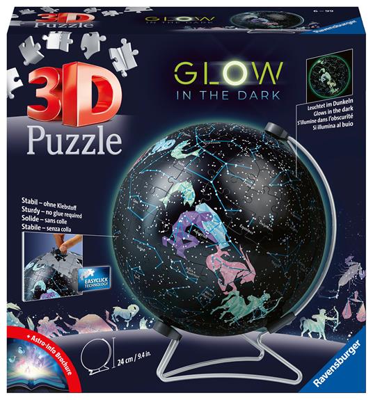Lafeltrinelli Ravensburger - 3D Puzzle Globo Glow in the Dark - Costellazioni Impara al geografia in inglese 180 Pezzi 6+ Anni