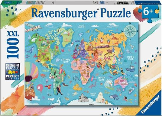 Lafeltrinelli Ravensburger - Puzzle Mappa del mondo 100 Pezzi XXL Età Raccomandata 6+ Anni