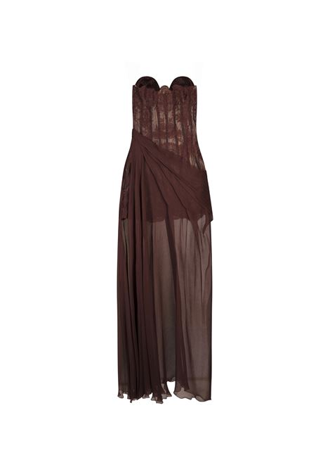 ERMANNO SCERVINO Abito Bustier Marrone In Pizzo Con Gonna In Seta - ERMANNO SCERVINO