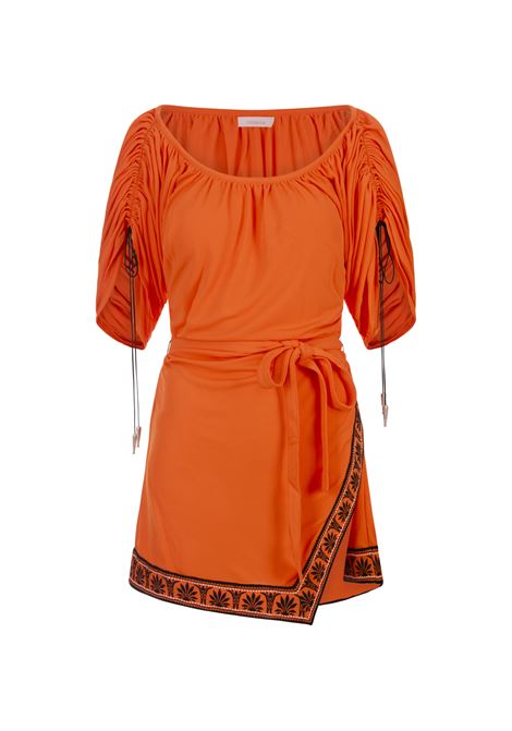 RABANNE Abito Corto Arancione Con Spalle Scoperte e Orlo Stampato - RABANNE