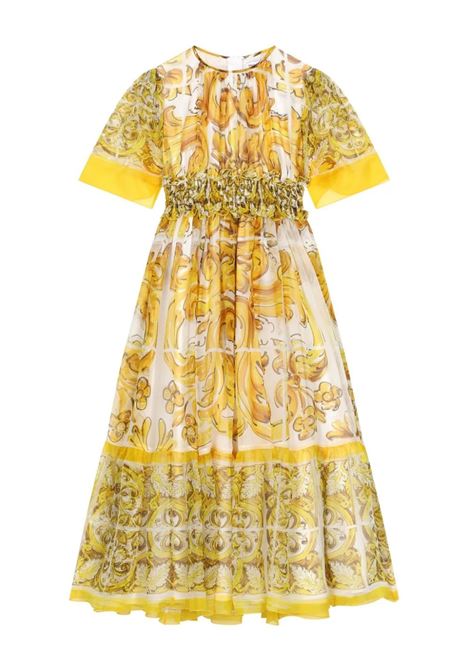 DOLCE & GABBANA KIDS Abito In Chiffon Con Stampa Maiolica Gialla - DOLCE & GABBANA KIDS