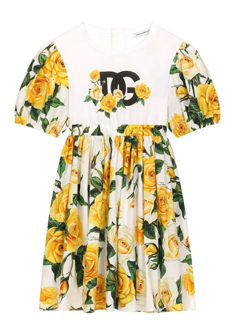 DOLCE & GABBANA KIDS Abito In Jersey e Popeline Con Logo DG e Stampa Rose Gialle - DOLCE & GABBANA KIDS