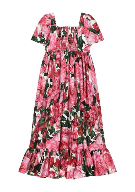 DOLCE & GABBANA KIDS Abito In Popeline Con Stampa Di Rose Su Sfondo Bianco - DOLCE & GABBANA KIDS