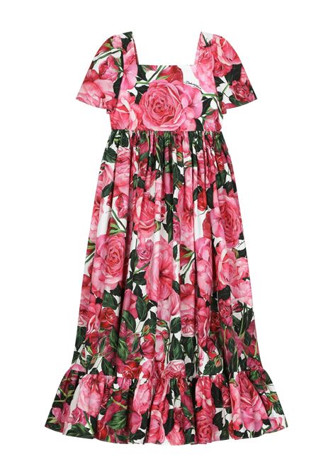 DOLCE & GABBANA KIDS Abito In Popeline Con Stampa Di Rose Su Sfondo Bianco - DOLCE & GABBANA KIDS