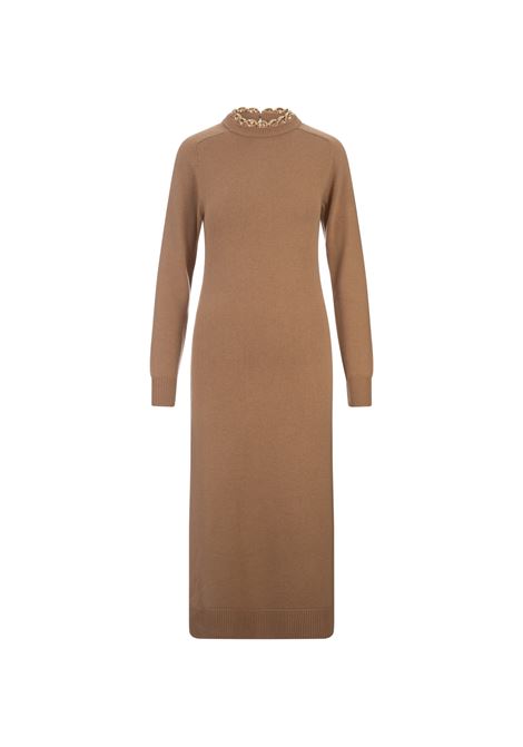 RABANNE Abito Lungo In Lana e Cashmere Cammello Con Catena - RABANNE