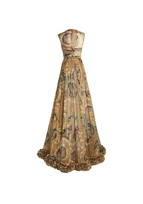 ETRO Abito Lungo In Seta Blu Navy Stampata Con Ruches - ETRO