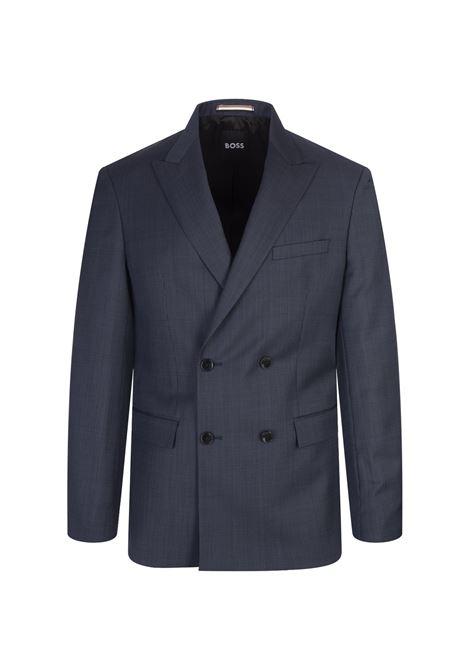 BOSS Abito Slim Fit Doppiopetto In Lana Blu Scuro Con Micromotivo - BOSS