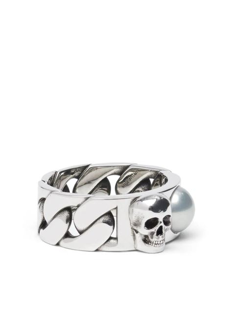 ALEXANDER MCQUEEN Anello A Catena Con Teschio E Perla In Argento Anticato - ALEXANDER MCQUEEN