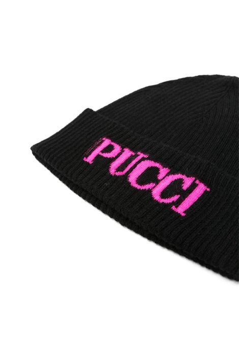 EMILIO PUCCI JUNIOR Berretto A Coste Nero Con Logo Fucsia - EMILIO PUCCI JUNIOR