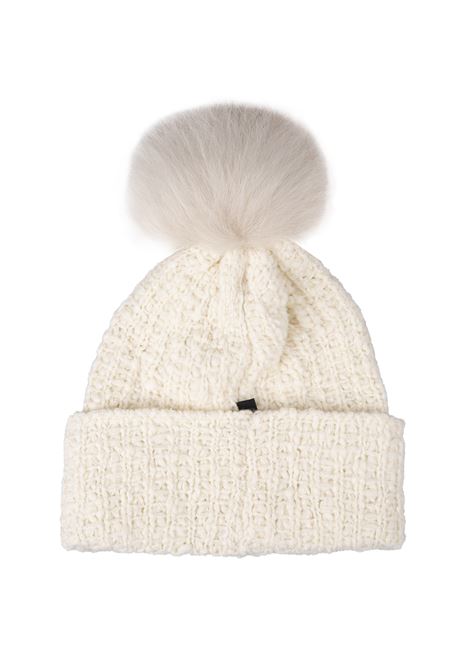 MONCLER GRENOBLE Berretto In Maglia Bianca Con Logo E Pompon - MONCLER GRENOBLE