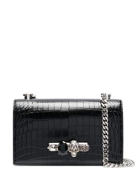 ALEXANDER MCQUEEN Borsa Jewelled Satchel In Pelle Goffrata Effetto Coccodrillo Nera e Argento - ALEXANDER MCQUEEN