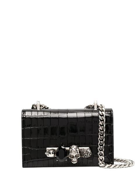 ALEXANDER MCQUEEN Borsa Mini Jewelled Satchel Nera e Argento In Pelle Goffrata Coccodrill - ALEXANDER MCQUEEN