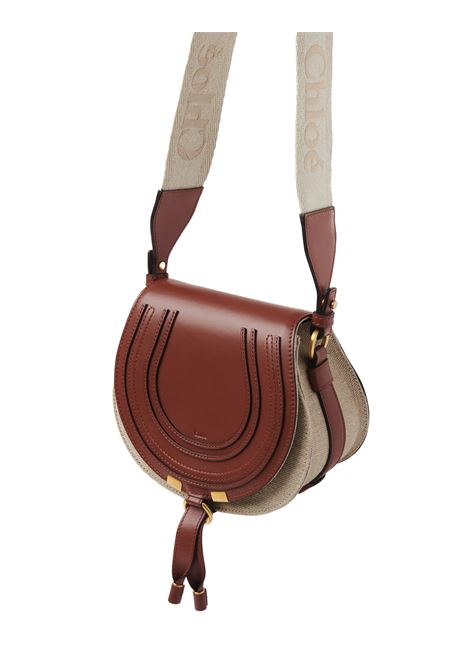 CHLOÉ Borsa Saddle Piccola Marcie In Lino E Pelle Marrone - CHLOÉ