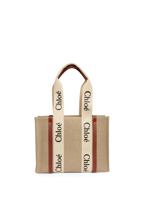 CHLOÉ Borsa Shopping Medium Woody Bianca E Marrone Con Tracolla - CHLOÉ