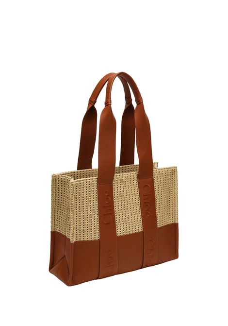 CHLOÉ Borsa Tote Woody Media In Pelle E Rafia Con Logo Ricamato - CHLOÉ
