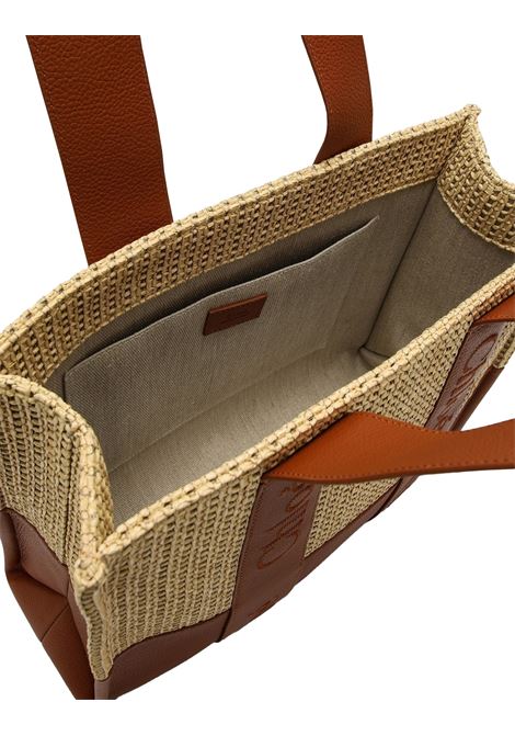 CHLOÉ Borsa Tote Woody Media In Pelle E Rafia Con Logo Ricamato - CHLOÉ