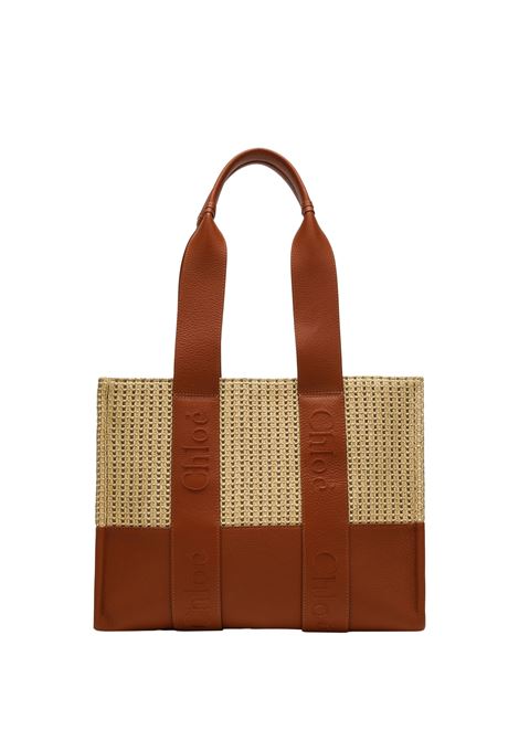 CHLOÉ Borsa Tote Woody Media In Pelle e Rafia Con Logo Ricamato - CHLOÉ