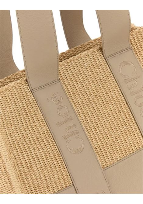 CHLOÉ Borsa Tote Woody Media Intrecciata Con Pannelli In Pelle Beige - CHLOÉ