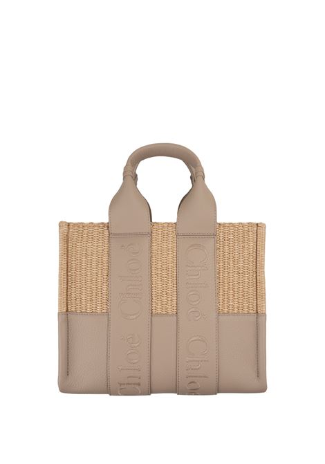 CHLOÉ Borsa Tote Woody Piccola In Pelle E Rafia Con Logo Ricamato - CHLOÉ