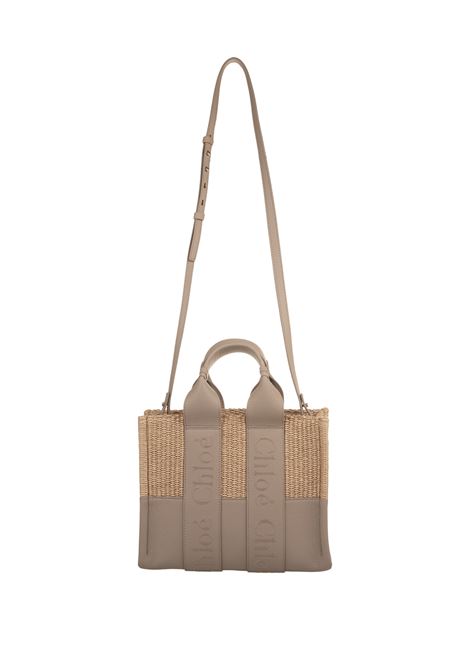 CHLOÉ Borsa Tote Woody Piccola In Pelle E Rafia Con Logo Ricamato - CHLOÉ