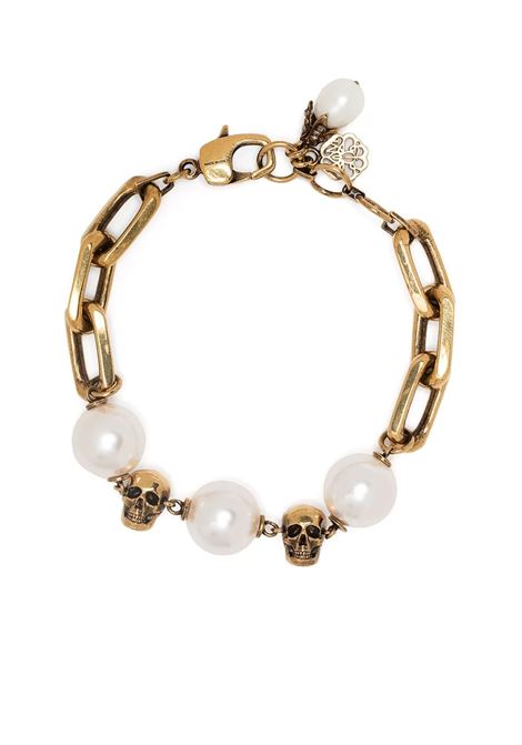 ALEXANDER MCQUEEN Bracciale Con Catena Skull Effetto Perla in Oro Anticato - ALEXANDER MCQUEEN