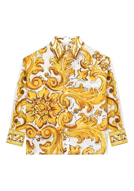 DOLCE & GABBANA KIDS Camicia In Popeline Con Stampa Maiolica Gialla - DOLCE & GABBANA KIDS
