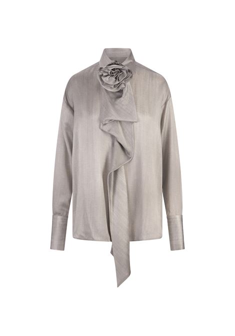 ERMANNO SCERVINO Camicia In Satin Di Seta Grigia Con Fiocco Al Collo - ERMANNO SCERVINO